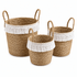 Set of 3 woven storage baskets with white fringe trim and rope handles, displayed together.