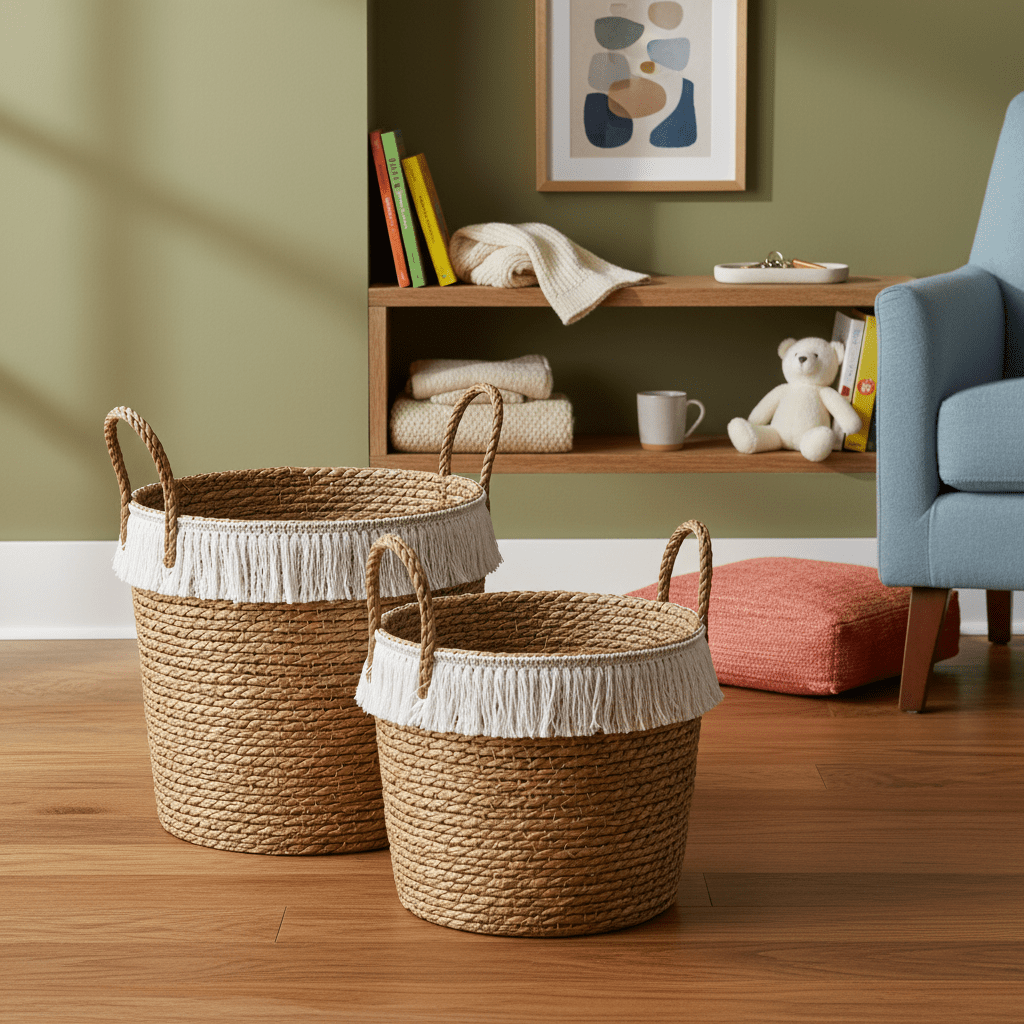 Two woven storage baskets with white fringe on a wooden floor, surrounded by a cozy living space.