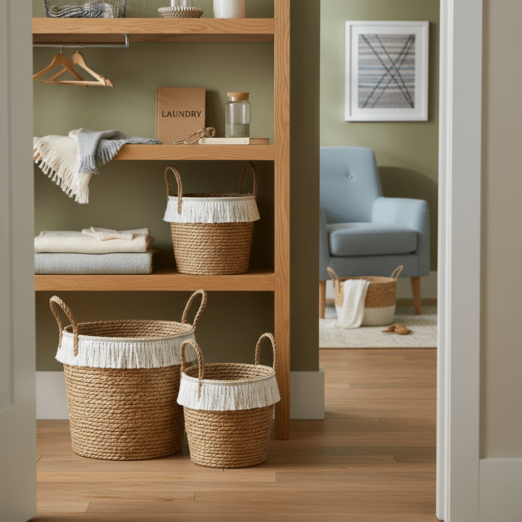 Woven storage basket set displayed on wooden shelves, featuring natural fibers and white fringe trim.