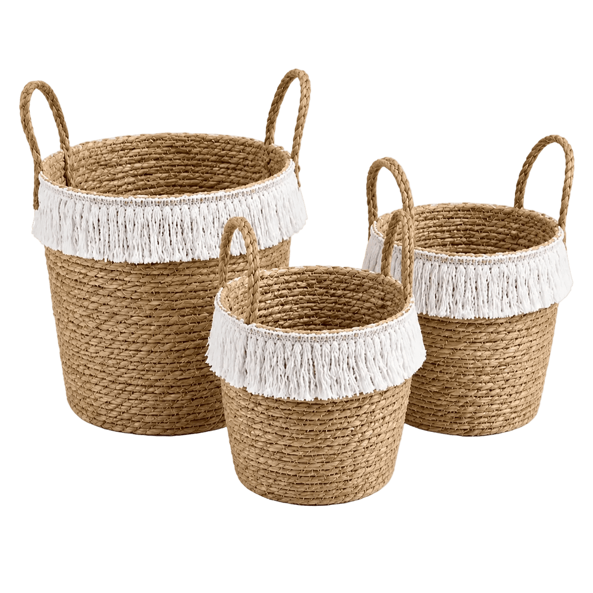 Woven Storage Basket Set of 3 with White Fringe