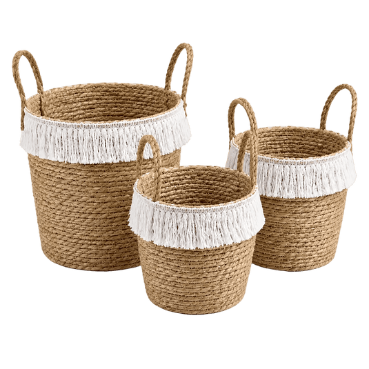 Woven Storage Basket Set of 3 with White Fringe