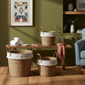 Three woven storage baskets with white fringe on a wooden shelf, accompanied by rolled towels and decor items.
