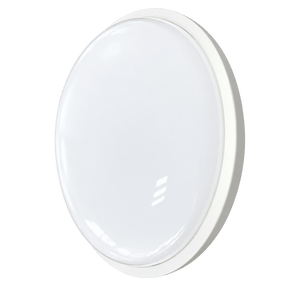 Round white outdoor LED bulkhead light with smooth diffuser on green background
