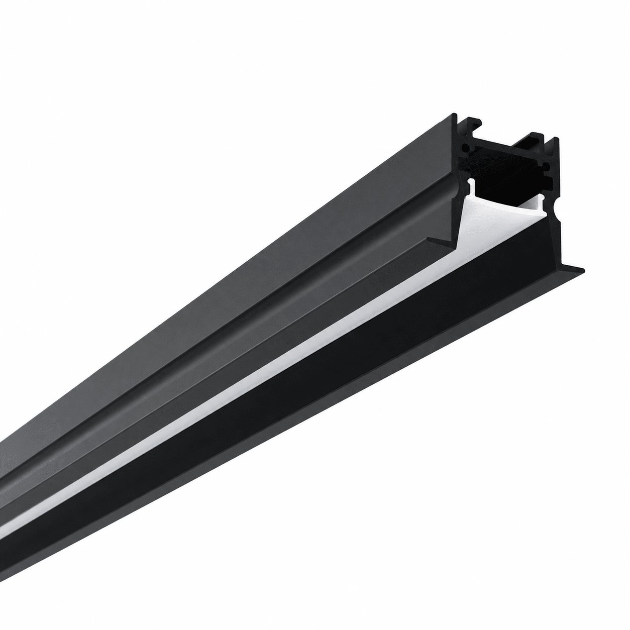 Black LED extrusion with opal diffuser, designed for recessed mounting, showcasing a sleek profile.
