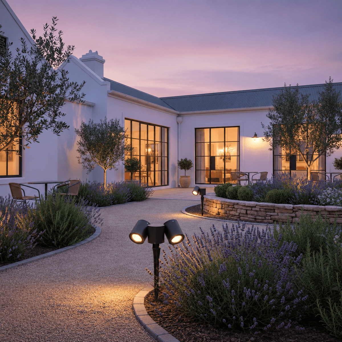 Black dual‑head garden spike light lighting a gravel path beside lavender, with a white house and windows behind.