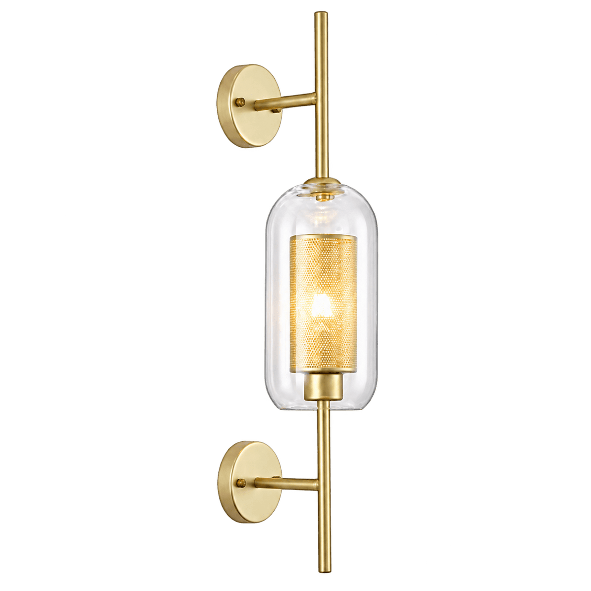 Gold wall sconce with clear glass cylinder and gold mesh interior, mounted on a wall.