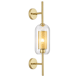 Gold wall sconce with clear glass cylinder and gold mesh interior, mounted on a wall.