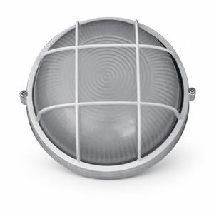 12W white LED cage bulkhead light with a circular design and protective grid.