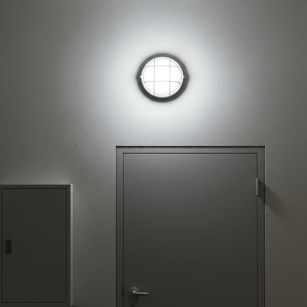 White LED cage bulkhead light mounted on a textured wall above a gray door, illuminating the area.