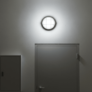 White LED cage bulkhead light mounted on a textured wall above a gray door, illuminating the area.