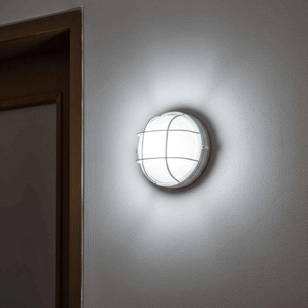 White LED cage bulkhead light mounted on a wall, illuminating the area with a cool-white glow.