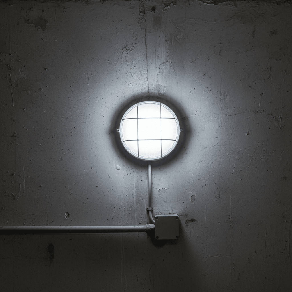 Close-up of a white LED cage bulkhead light mounted on a textured wall, showcasing its robust design.