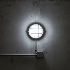 Close-up of a white LED cage bulkhead light mounted on a textured wall, showcasing its robust design.