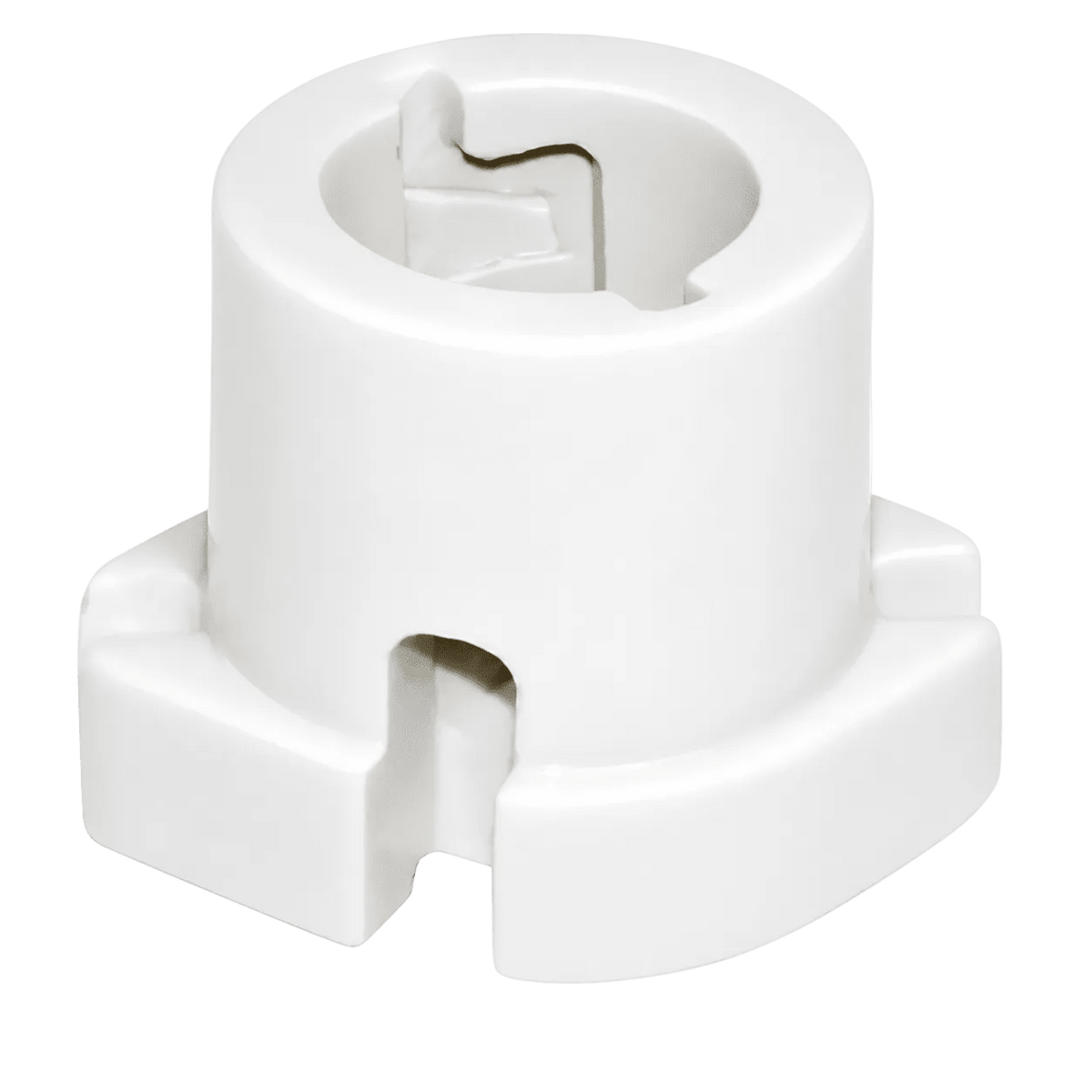 White porcelain lamp holder with a B22 bayonet fitting, featuring a smooth finish and rounded edges.