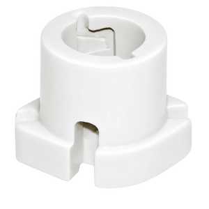 White porcelain lamp holder with a B22 bayonet fitting, featuring a smooth finish and rounded edges.