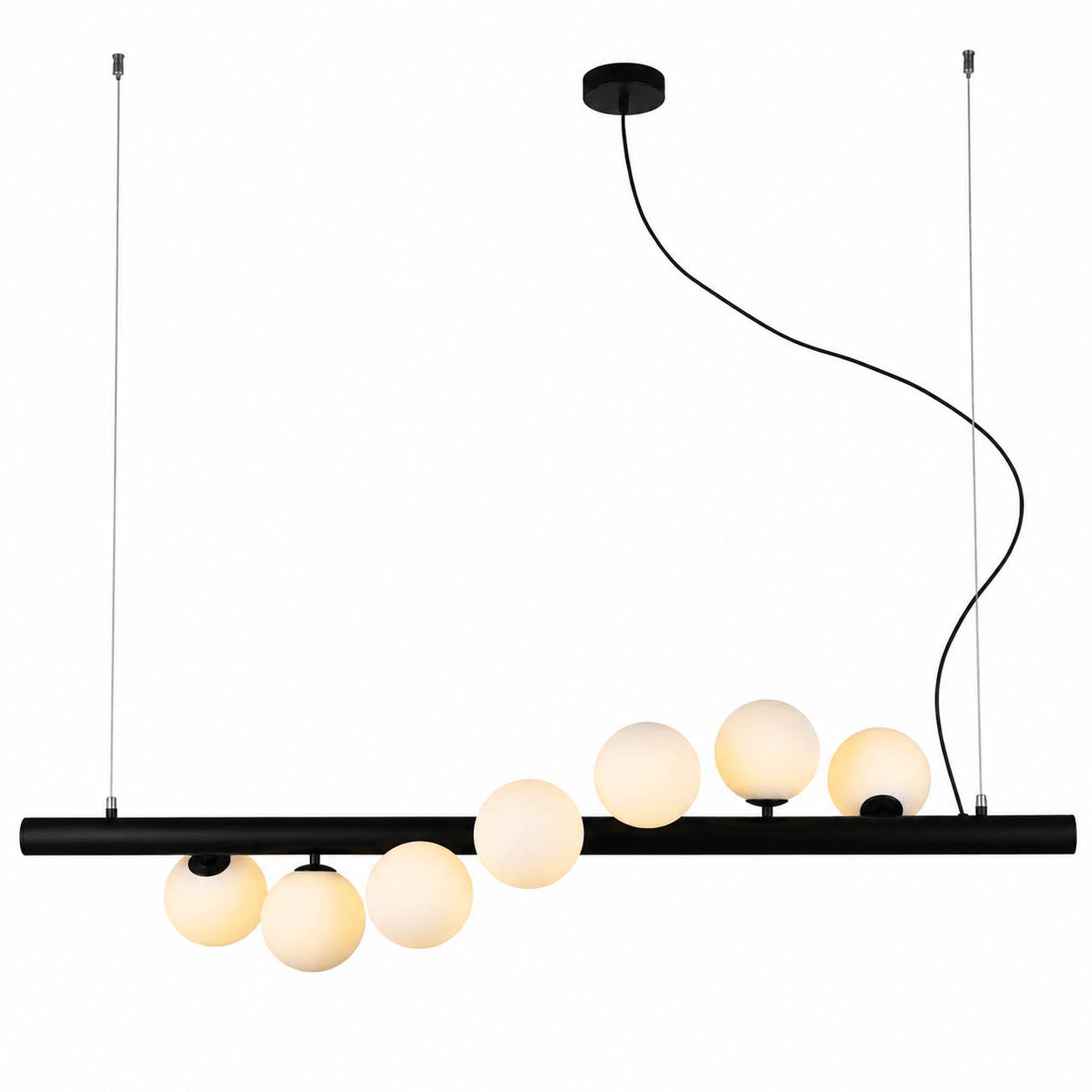Spiral 7 Light Black Pendant Light featuring a sleek black metal frame and opal white glass shades.