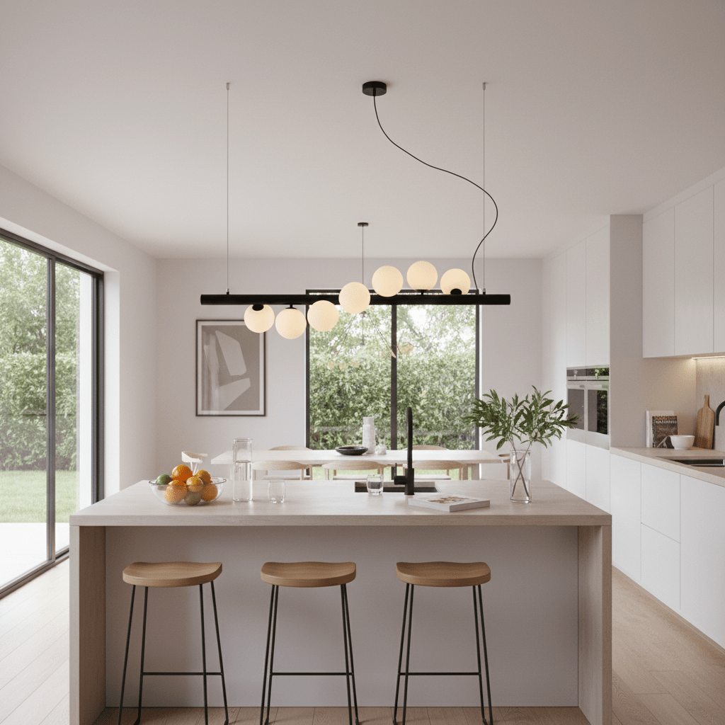 Modern kitchen featuring a Spiral 7 Light Black Pendant Light above a minimalist island with wooden stools.