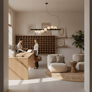 Modern interior featuring the Spiral 7 Light Black Pendant Light above a reception desk, illuminating the space.