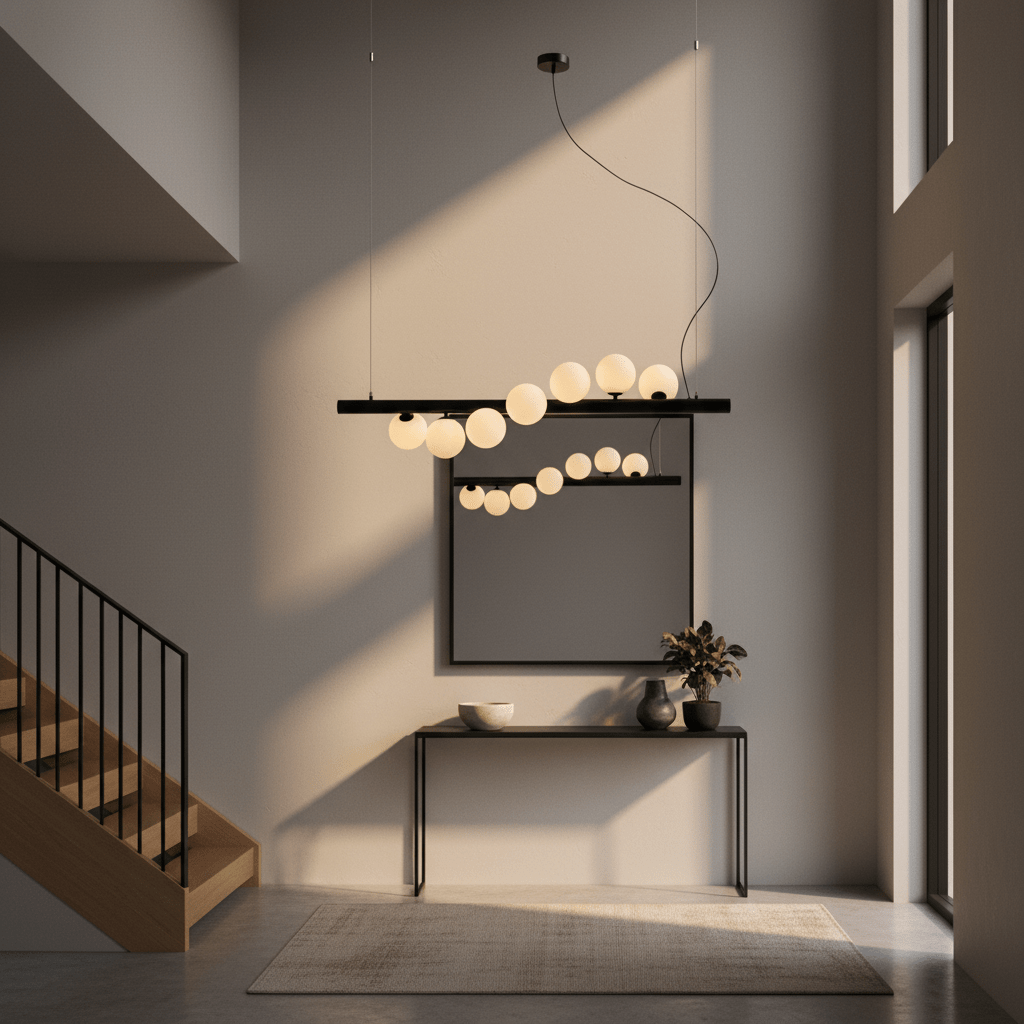 Stylish interior featuring the Spiral 7 Light Black Pendant Light above a console table, casting warm illumination.