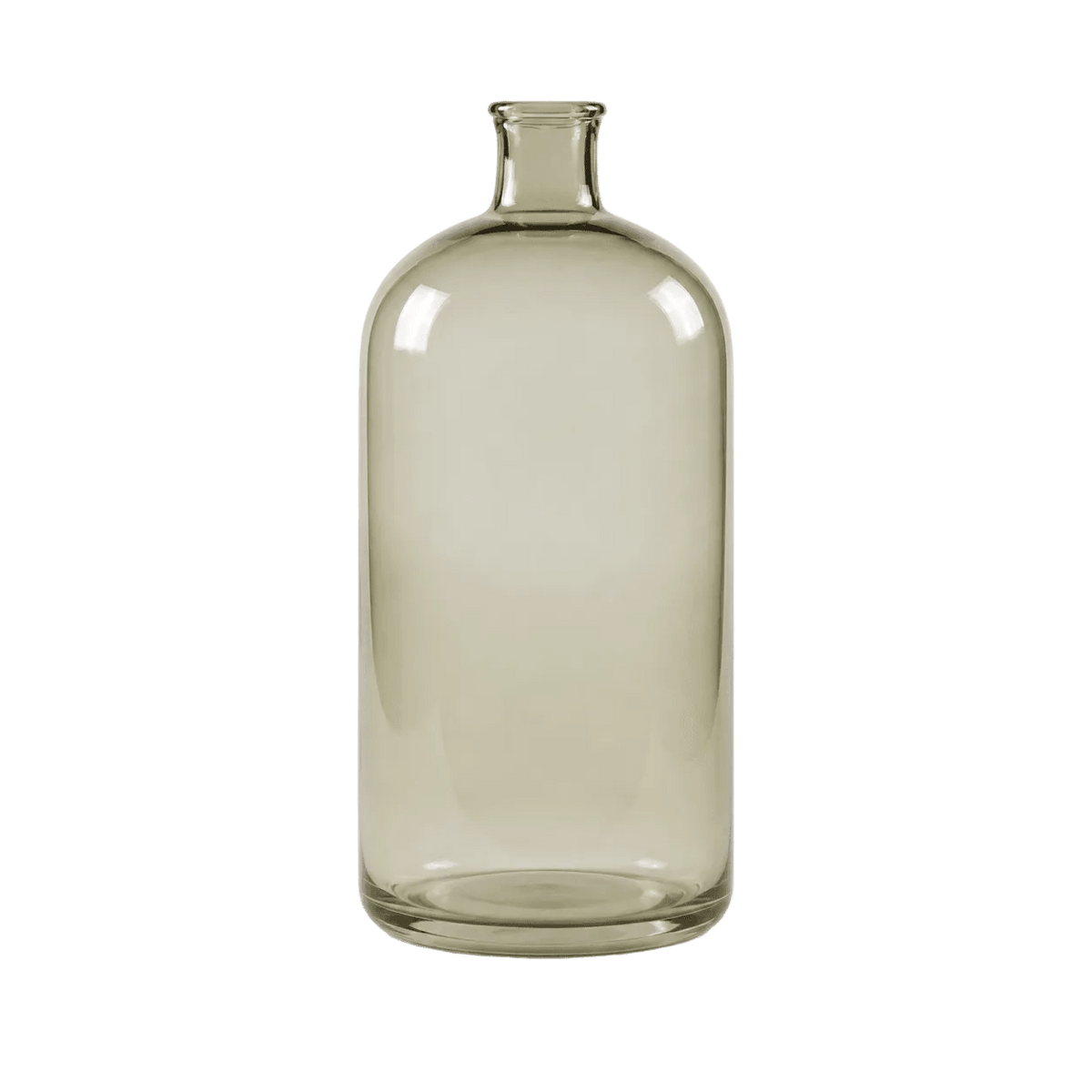 Large green glass vase with a smooth, rounded body and a narrow neck, set against a plain background.
