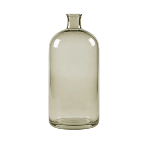 Large green glass vase with a smooth, rounded body and a narrow neck, set against a plain background.