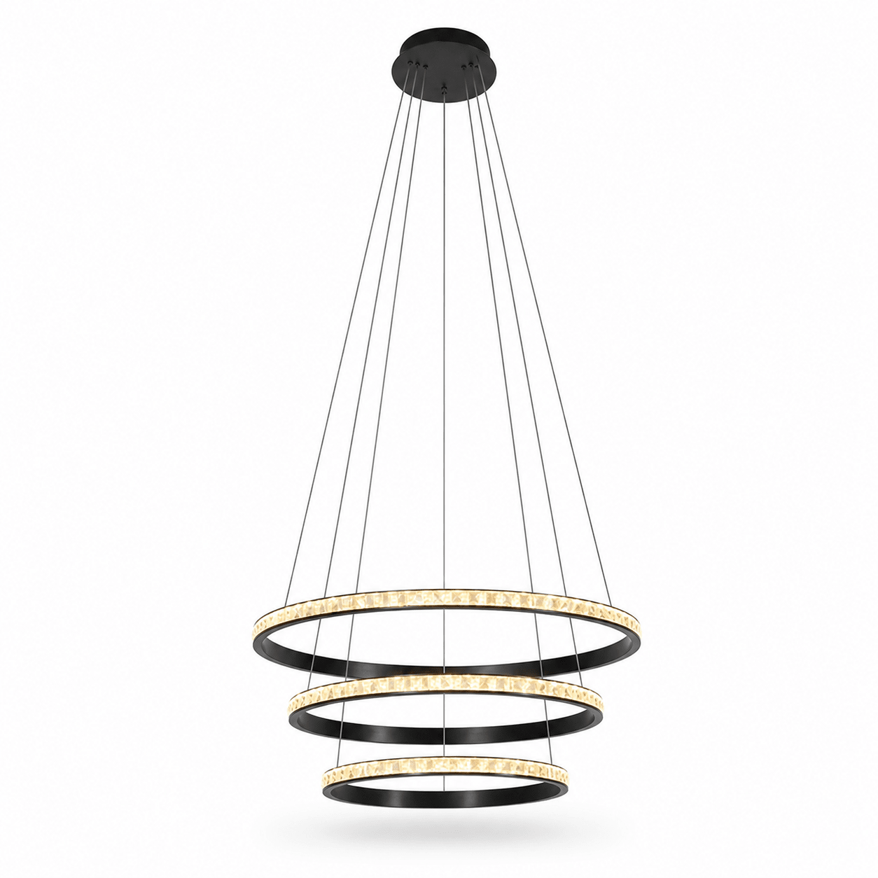 Elegant black LED pendant light with three crystal rings, suspended from a ceiling mount.