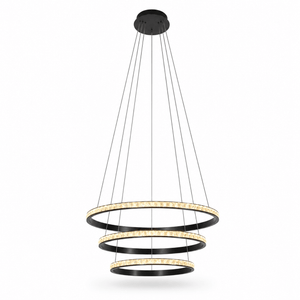 Elegant black LED pendant light with three crystal rings, suspended from a ceiling mount.
