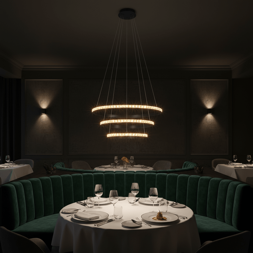 Elegant black LED pendant light with crystal rings above a round dining table in a stylish restaurant setting.