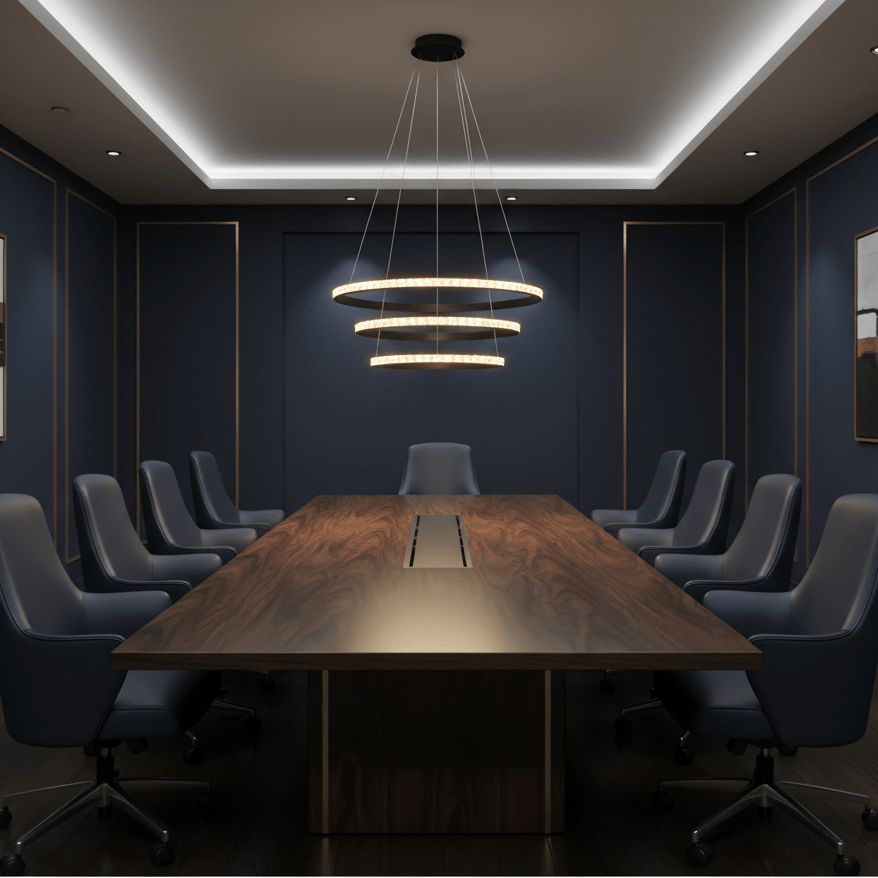 Modern black LED pendant light with crystal rings hanging above a long wooden conference table in a stylish office.