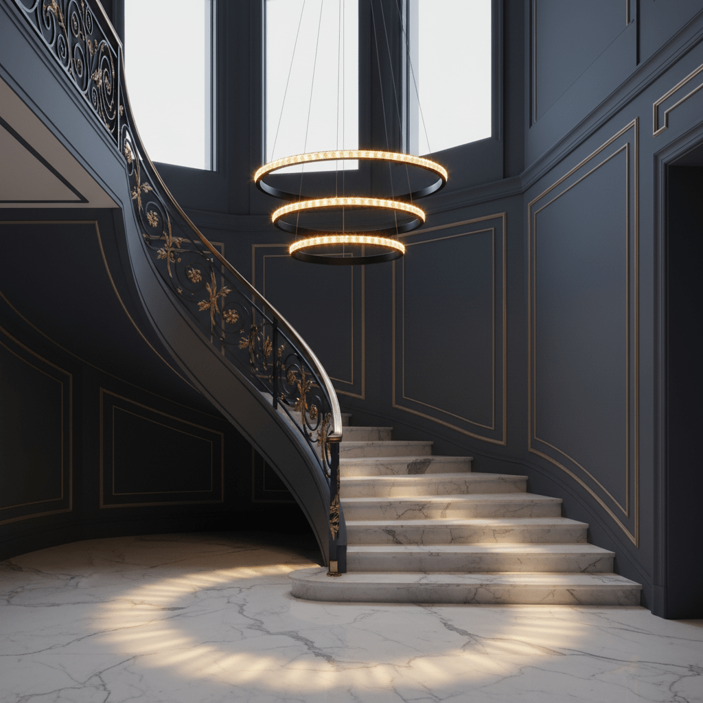 Elegant black LED pendant light with crystal rings hanging above a marble staircase in a stylish interior.
