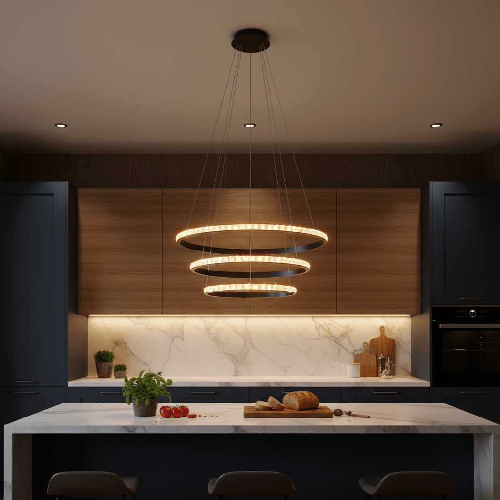 Modern black LED pendant light with crystal rings hanging above a kitchen island, illuminating a marble countertop.