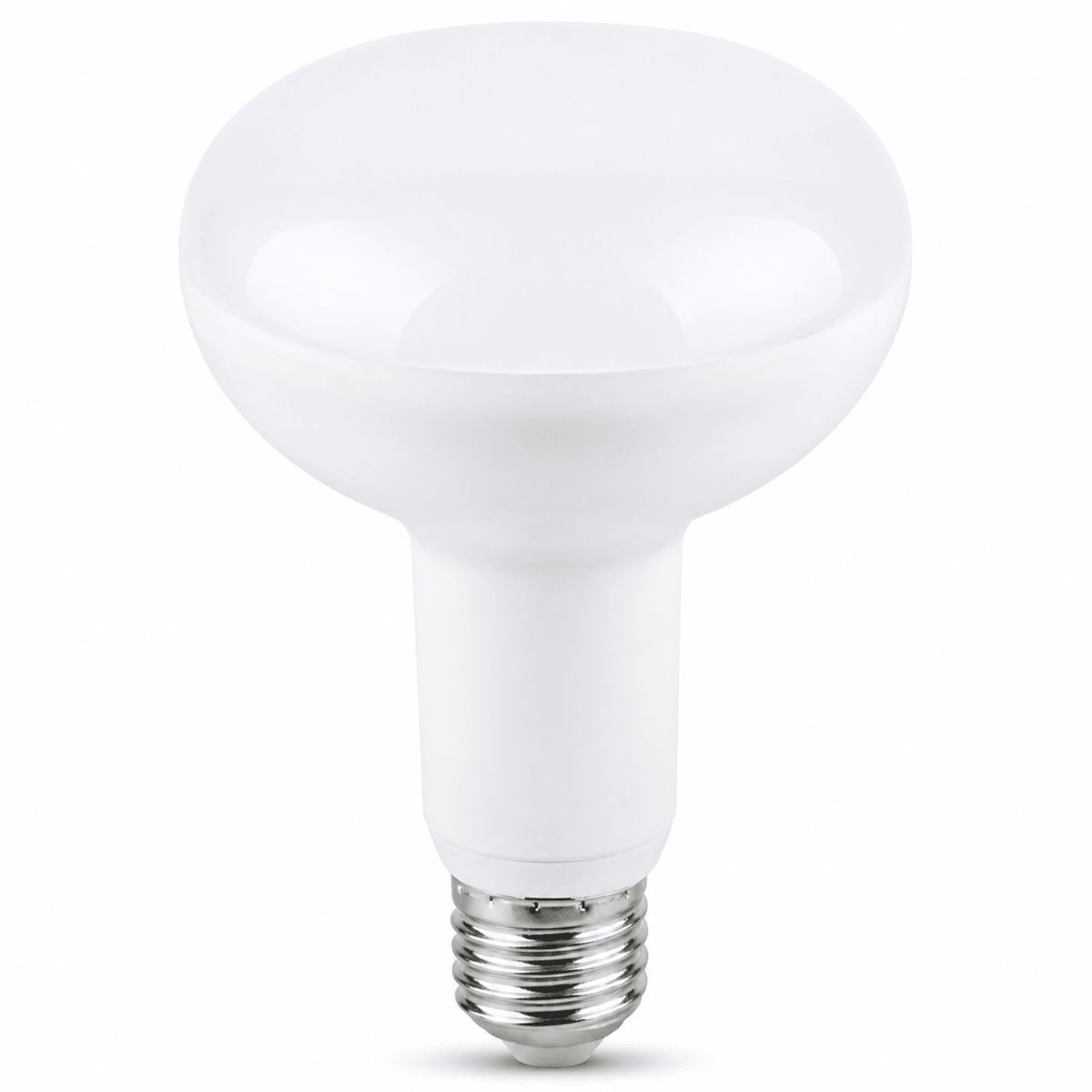 10W R80 LED bulb with a smooth white finish and E27 base, designed for warm white lighting.