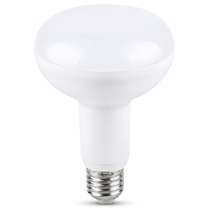10W R80 LED bulb with a smooth white finish and E27 base, designed for warm white lighting.