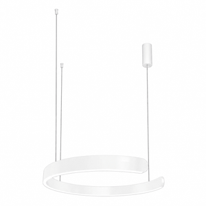 White LED pendant light with a sleek circular design, suspended by two thin cords and a cylindrical ceiling mount.
