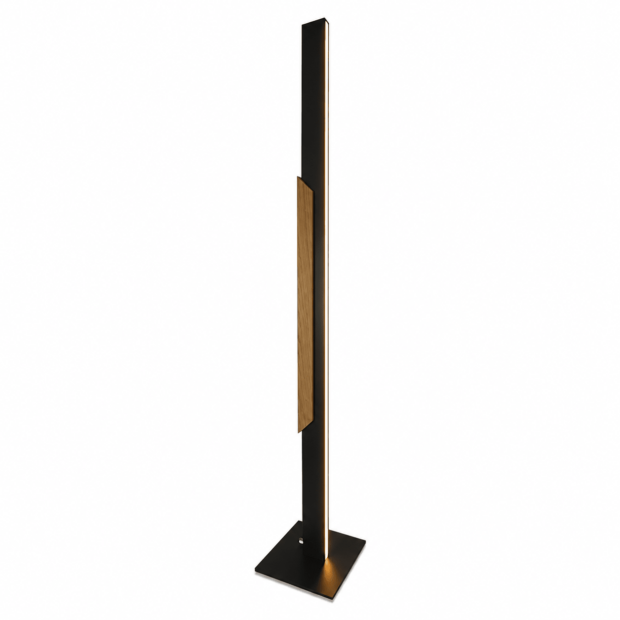 Sleek LED Woodline linear floor lamp with a wooden accent and black base, designed for modern interiors.