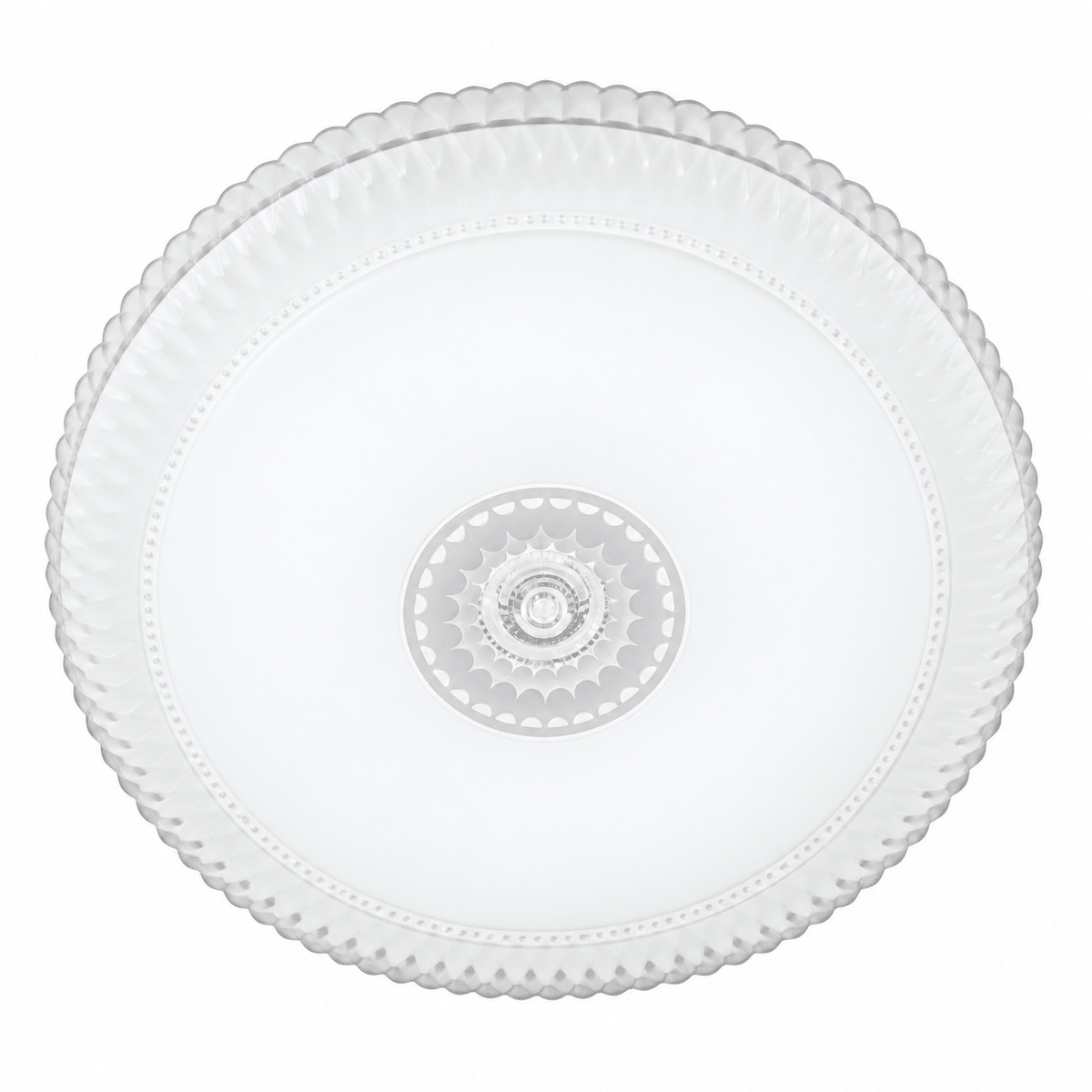 Top view of decorative acrylic LED ceiling light with intricate circular patterns and textured edges.