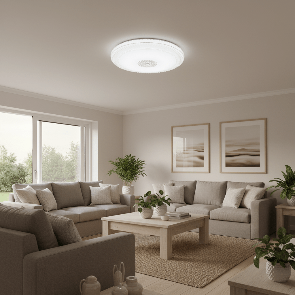 Modern living room with a decorative acrylic LED ceiling light illuminating a cozy seating area with neutral-toned sofas