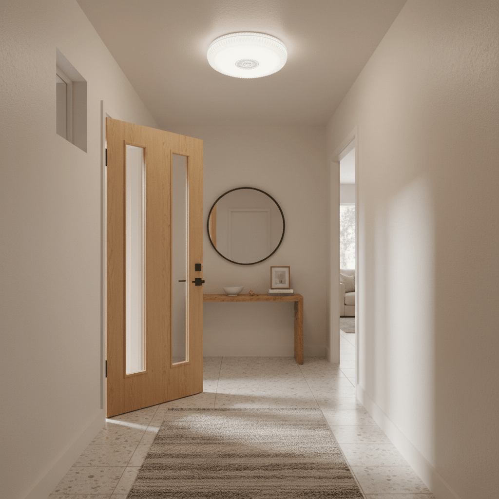 Modern hallway with a flush-mounted acrylic LED ceiling light illuminating a wooden console table and round mirror.