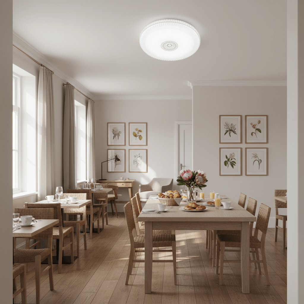 Dining room with a modern acrylic LED ceiling light illuminating a wooden table set for breakfast, surrounded by wicker