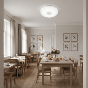 Dining room with a modern acrylic LED ceiling light illuminating a wooden table set for breakfast, surrounded by wicker