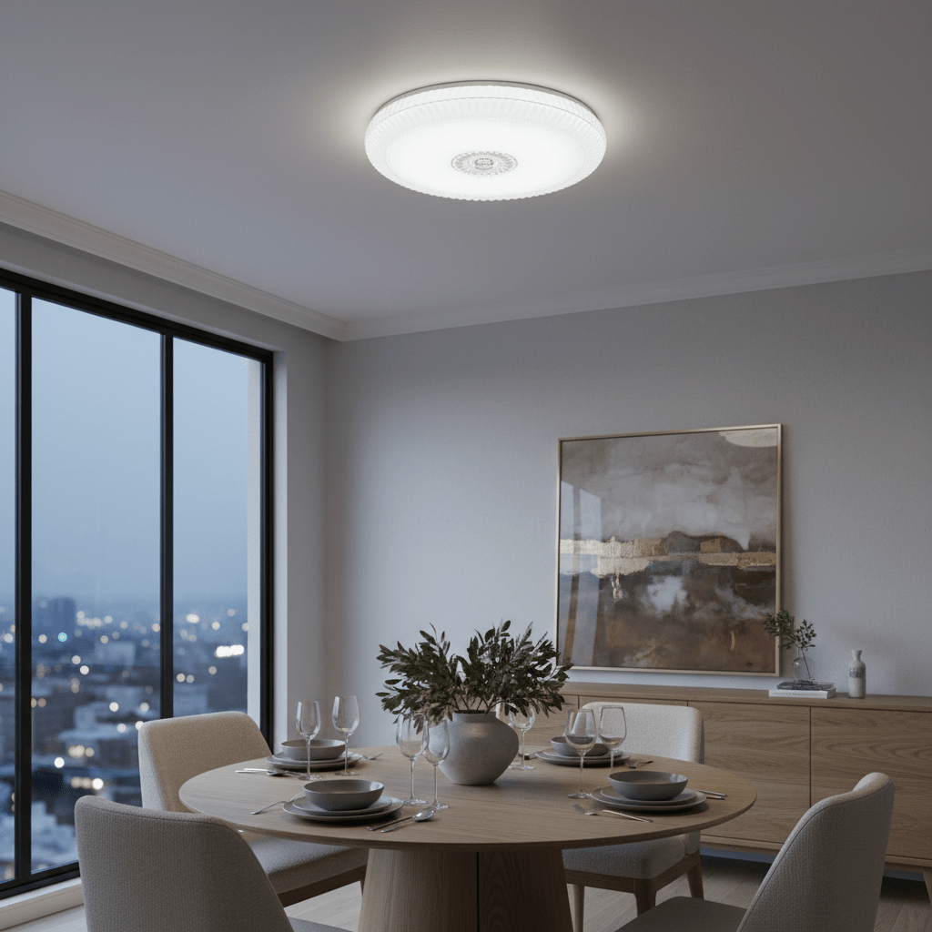 Modern dining room with round table set for dinner, illuminated by a decorative acrylic LED ceiling light, large window view.