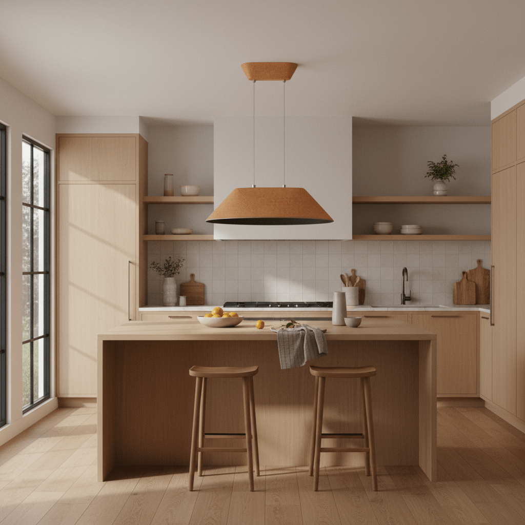 Mustard felt pendant light hanging over a kitchen island with two stools