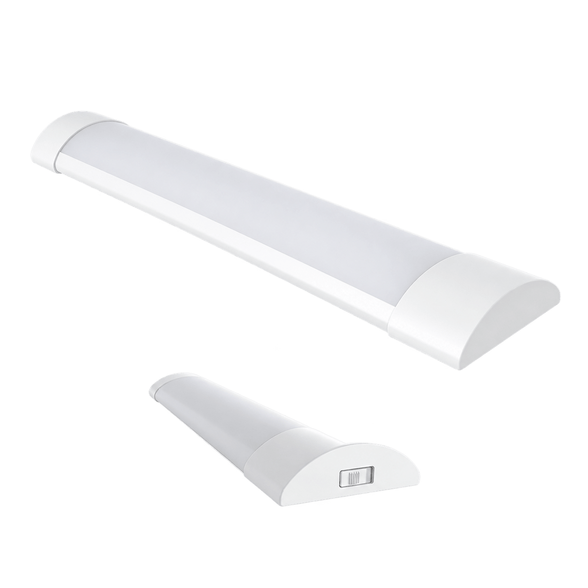 White LED linear batten light with rounded ends, featuring a smooth finish and a switch on one end.