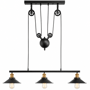 Bonza Bay Adjustable Pendant Light featuring a black and brass design with three shades and adjustable height.