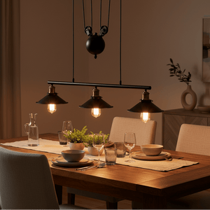 Bonza Bay Adjustable Pendant Light illuminating a dining table set with dishes and glasses.