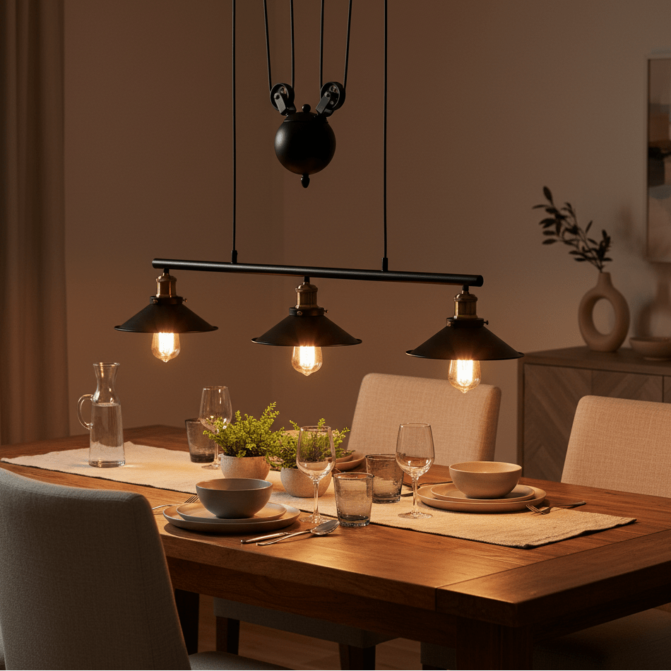 Bonza Bay Adjustable Pendant Light illuminating a dining table set with dishes and glasses.