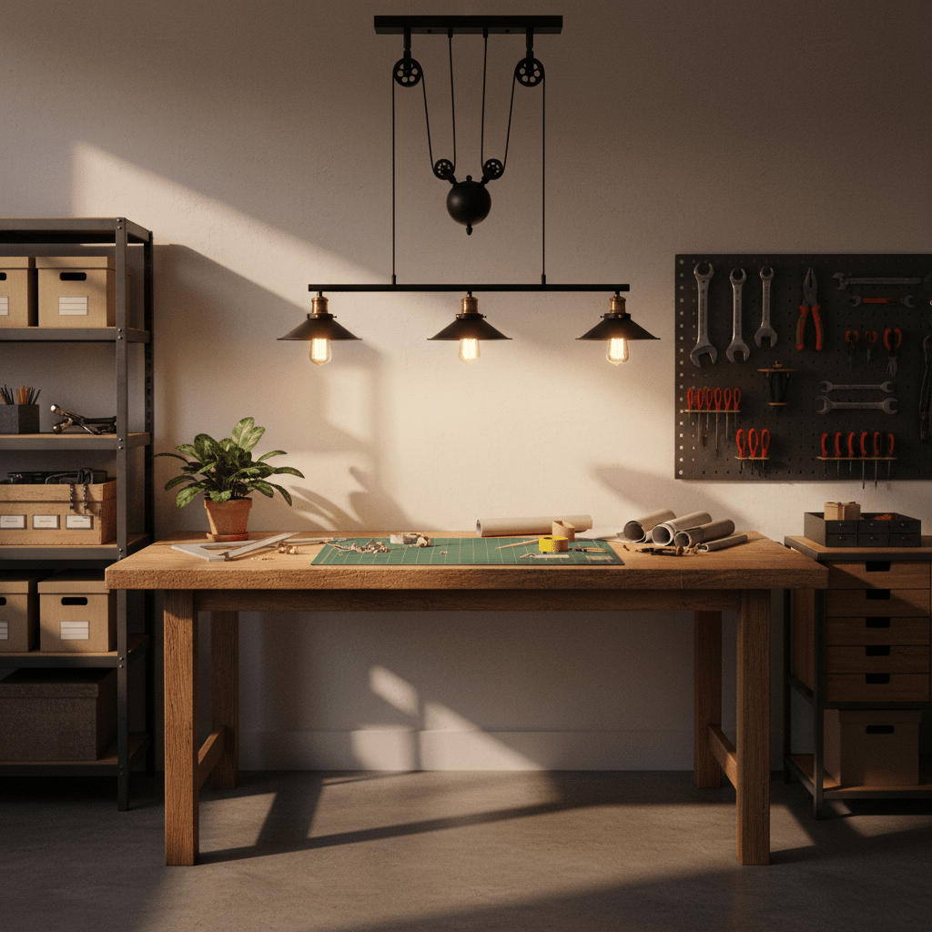 Bonza Bay Adjustable Pendant Light above a wooden work table with tools and a plant, showcasing industrial design.