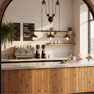Stylish kitchen scene featuring the Bonza Bay Adjustable Pendant Light above a wooden counter with coffee machines and