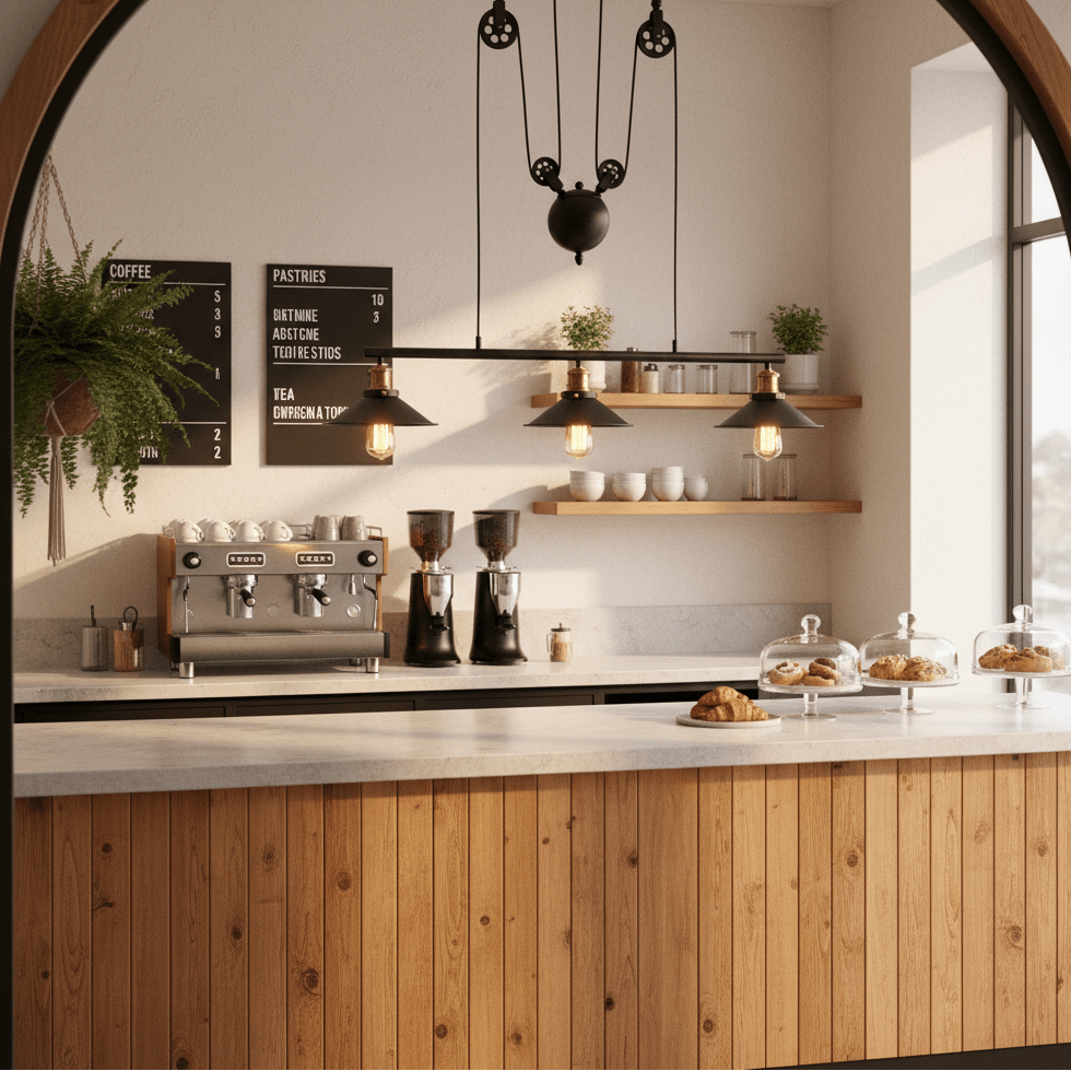 Stylish kitchen scene featuring the Bonza Bay Adjustable Pendant Light above a wooden counter with coffee machines and