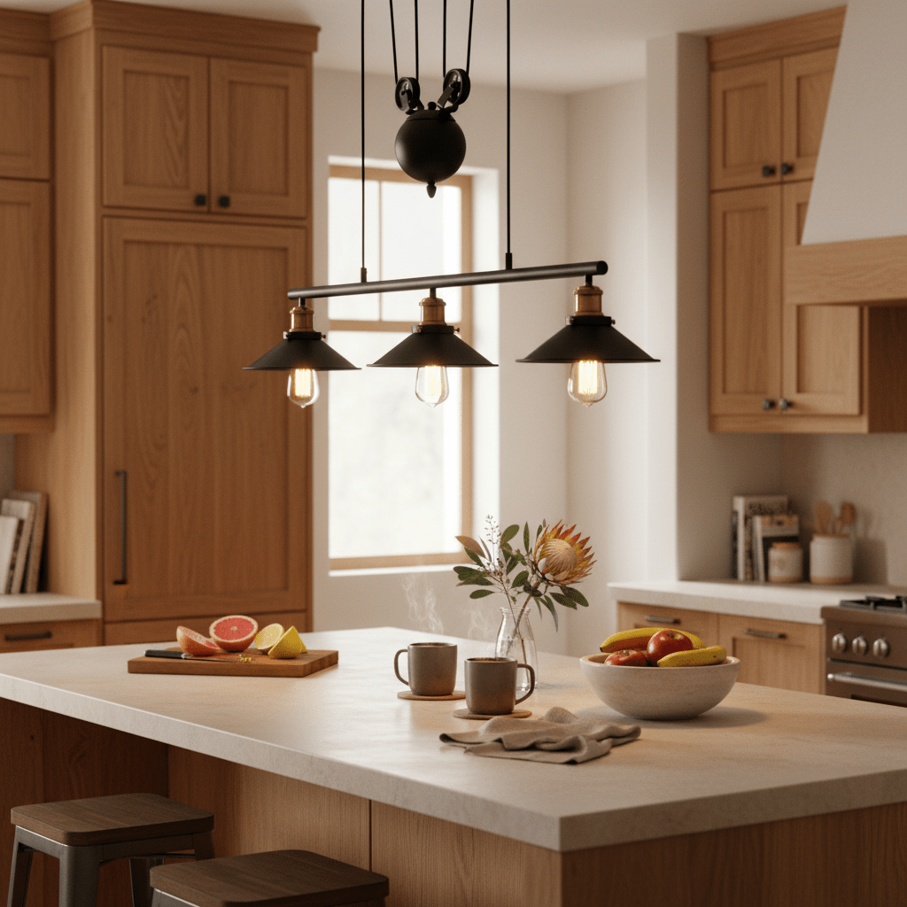 Bonza Bay Adjustable Pendant Light hanging above a kitchen island with fruits and mugs on the countertop.